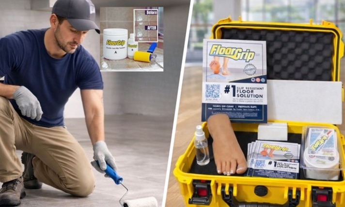 Contractor Applying Floorgrip Clear Anti slip Coating with a Professional Kit Nearby