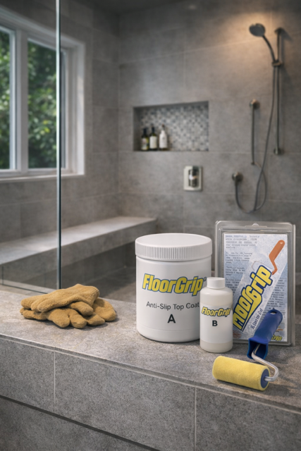 Shower bench with FloorGrip products