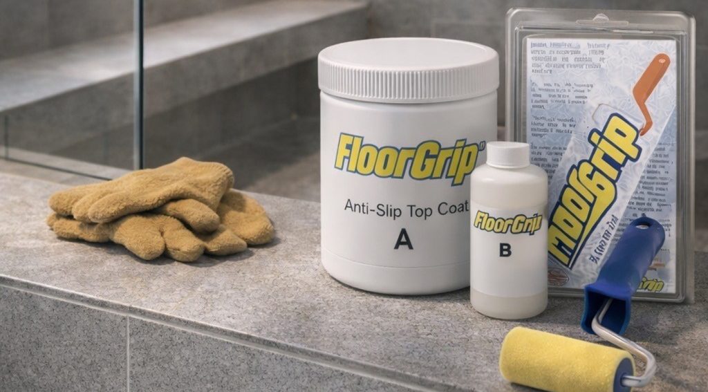 FloorGrip Anti-Slip Top Coat kit: large A container, small B bottle, disposable gloves, roller, and packaging on a stone surface.