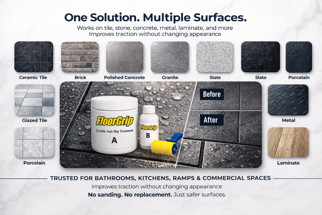 Infographic Showing Floorgrip Anti slip Treatment on Multiple Surfaces with a Beforeafter Tile Demo and Surface Samples of Ceramic Brick Concrete Granite Slate Porcelain Metal and Laminate