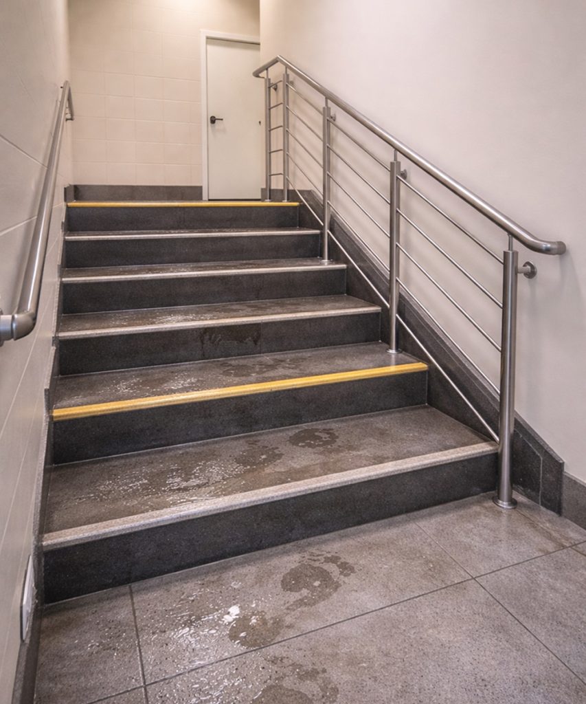 Indoor Staircase with Metal Handrails on Both Sides Yellow Edge Strips on Steps and a White Door at the Top Wet Footprints on the Treads